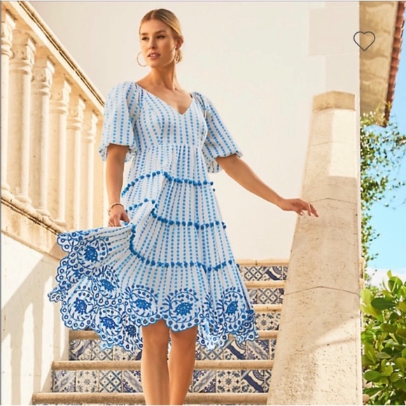 Lilly Pulitzer Midi Sidney Dress in Gingham Stripe Jacquard Blue White Size 14 - Picture 2 of 9